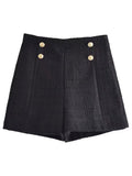 Women Fashion Front Metal Buttons Tweed Shorts Vintage High Waist Side Zipper Female Short Pants