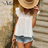 Women's Summer T-Shirt Hollow Out design Solid V-Neck Tops Casual Butterfly Sleeve