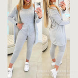 Zingj Women's Solid Color Vest Elastic Waist Long Trousers Suit (3 Pieces) ODS4317