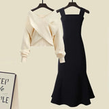 Zingj And Winter Suit Women's 2024 New French Feeling Cross Knit Sweater With Fishtail Dress Two Sets-Outfit