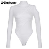 SUCHCUTE Hollow Out Turtleneck Women Bodysuits Patchwork Long Sleeve White Knitwear Rompers Casual Streetwear Jumpsuit