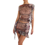 Women Summer 2 Pieces y2k Outfits Print Short Sleeve Mesh T-Shirts Crop Tops Ruffles Wrapped Hip Short Skirts