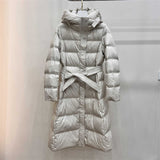 Autumn Winter New Down Jacket Female Long Money Slim Over The Knee Hoodie Waist Show Thin Belt Money Warm Coat Tide-Outfit