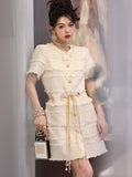 Designer Women's Short Tweed Coat 2023 New Autumn Fashion Beading Chain V-Neck Long Sleeve Jacket Femme