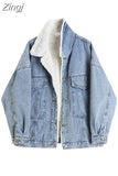 Women Lamb Wool Jean Jacket Korean Vintage Single Breasted Fleece Denim Coat 2023 Winter Fashion Casual Warm Thickened