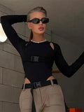 2024 New Full Sleeves Hollow School Bags Buckle False Two Pieces Skinny Bodysuit Women Stylish Casual