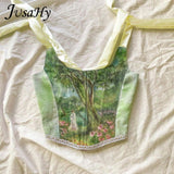 Fairy Y2K Vintage Aesthetic Printed Lace Up Camisole Women Elegant BandageTank Top Skinny Party Clubwear Summer