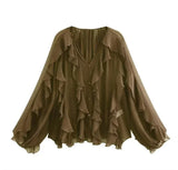2025 New Women's V-Neck Single Buckle Long-Sleeved Cascade Decorative Shirt 10