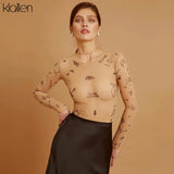 2022 Spring Print Letter Mesh Long Sleeve Slim Women Bodysuit New Simple Casual See Through Streetwear Basic