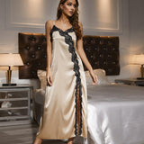 Zingj Silk Halter Sleeping Dress Female Summer Slit Lace Simulation Silk Sexy Home Pajamas