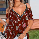 Neck Short Sleeve Top Summer Sexy Women Printed Hollow Out T Shirt Fashion Loose Off Shoulder Casual Plus Size Shirts