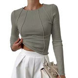 Shein New Spring Autumn New Sweet Spicy Solid Color Line Long-Sleeved Collar T-Shirt