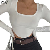 Women Ribbed Knitting Crop Tops Square Neck Autumn Wrap Tops Irregular Hem Solid Color Pullover Casual Party Streetwear