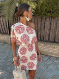 Zingj Printed Diagonal Collar Pleated Midi Dress Women Chic Off Shoulder Single Short Sleeve Dresses Elegant Female Streetwear 211-0-Outfit