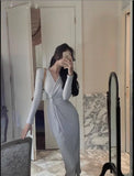 Knitted V-neck Midi Dresses for Women 2023 Autumn Elegant Party Fashion Split Korean Casual Long Sleeves Female