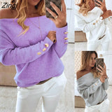 New Women Off-Shoulder T-Shirt Ladies Solid Color Button Long Sleeve Autumn Winter Warm Casual Loose