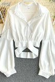 Women Black/White Hollow Out Blouse Autumn 2023 Casual Long Sleeve Turn-Down Collar Shirt Elegant Single Breasted Short Tops
