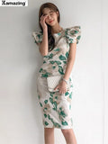 Women Sexy Puff Sleeve Bodycon Dress Office Lady Elegant Slim Waist Female Floral Print