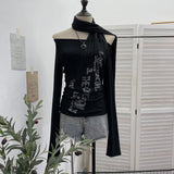 Hottie Side Hanging Neck Scarf Print Knitted Top Design Embody T-Shirt