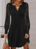 Mini Dress Women Summer Elegant Dress Female Fashion O Neck Button Dress Ladies Lace Hollow Out Long Sleeve