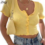 Women Summer Slim Solid Color Button T-shirt Korean Short Sleeve V-neck High Waist Exposed Navel