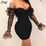 Sexy Mesh Puff Sleeve Party Dress Women Low Collar Backless Patchwork Red Mini Dress Nightclub 2023 Spring