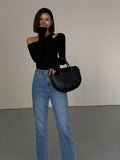 Skew Collar Off-shoulder Long-sleeved T-shirts Women Spring 2023 New Solid Slim Fit Crop Top Sexy Hollow Out Tees