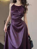 Satin Midi Dresses for Women 2023 New Summer French Fold Hollow Out Elegant Prom Fashion Slim Casual Female Clothes