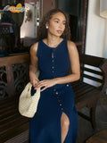 New Fake Pockets Knitted Long Dress Fashion Single Button Sleeveless O Neck Slim Dresses Summer Lady Commute Party