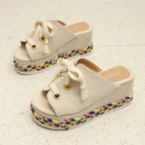 Summer New Slope Heels Color Braided Slippers Women's Large Size Straw Lace Heightened Women's High-Heeled