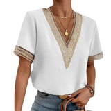 Women's Dress V-Neck Lace Loose Top Commuter Short-Sleeved Shirt Women Splicing