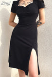 Square Neck Elegant Ruched Black Dress Side Split Short Sleeve Casual Dress Female Gothic Summer Dresses Sundress