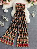 Bohemian Women Printed Jumpsuits Female Sexy Slash Neck Off Shoulder High Waist Wide Leg Loose Romper Vacation Beach