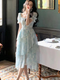 Chiffon Print Midi Dress for Women 2023 New Summer Elegent Party Blue Floral Vestidos Holiday Vintage Female