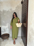 Loose Solid Single Breasted Maxi Dress For Women Elegant V Neck Long Sleeved Dresses 2024 New Fashion Female Commute