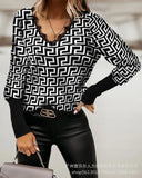 Zingj Spring And Autumn Plaid Knit Stitching Lace Top V Neck Fashion Long