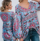 V Neck summer printed Flora lace Up chiffon blouse Ladies Long Sleeve Shirts blusas mujer de moda