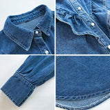 Style Ruffle Denim Blouse Women Casual Loose Long Sleeve Jean Shirt Female Elegant Plus Size 4XL Spring Blue Denim