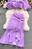 Women Red/Purple/Black Polka Dot Two Piece Set Summer Sexy Ruffle Short Drawstring Tops + High Waist Irregular Skirt 2pcs