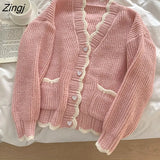 Korean Style Contrast Kintted Cardigan Women V-neck Heart Button-up Loose Oversized Sweater Coat Simple Casual