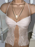 Lace Pleated Slit Cami Top-Outfit