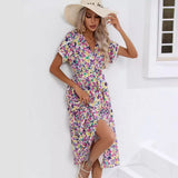 Zingj Women's Hot Style Dress 2023 Summer Small Flowers Split V-Neck Women's