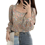 Women Blouses Liva Girl Korean Blouse Top Floral Square Collar Camisa Lantern Sleeves Sweet Versatile Chiffon