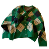 Zingj Version Bump Color Diamond Case Knitting Cardigan Female Autumn Winter New Wear Retro Loose V-Neck Sweater Coat