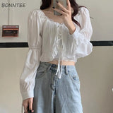 Women Slim Tender Temperament Spring Long Sleeve Lady Blouses Lace-up Solid All-match Breathable Stylish College Crop