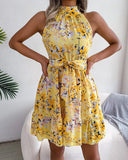 Zingj Hot Style Summer Sleeveless Flower Hanging Neck Waist Dress