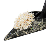Zingj Banquet High Heel Shallow Mouth Empty A Word With Pointed Diamond Pearl Flower Sandal High