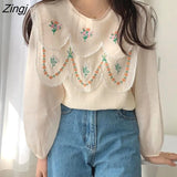 Flower Embroidery Blouse Women Sweet Kawaii Peter Pan Collar White Shirt Female Elegant Lace Up Lantern Sleeve Loose