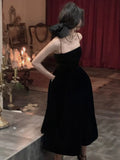 Women Elegant Spaghetti Strap Midi Black Velvet Dress Sexy Prom Evening Party Birthday Club Fashion