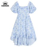 Broken Flowers Dress French Square Neck Puff Short Sleeve High Waist Casual Fashion Baggy Long Skirt Ladies